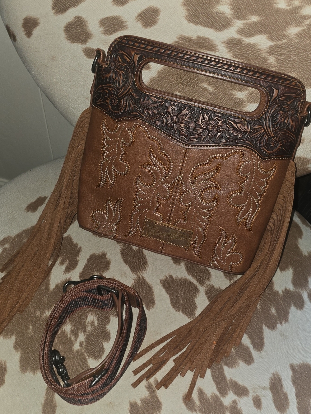 Wrangler Brown Tooled Leather Fringe Crossbody Bag